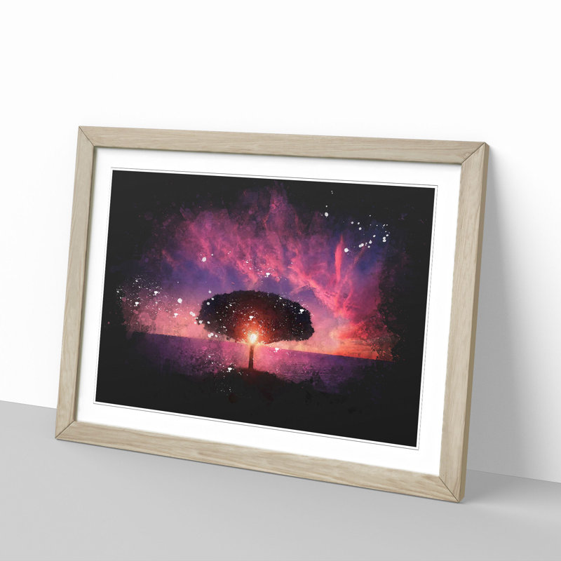 Lone Tree Beneath a Purple Sunset - Picture Frame Graphic Art Print, 62cm H x 87cm W x 2cm D, Oak Framed