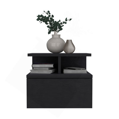 Floating Nightstand 12"H, Wall Mounted With Single Drawer And 2-Tier Shelf, Black