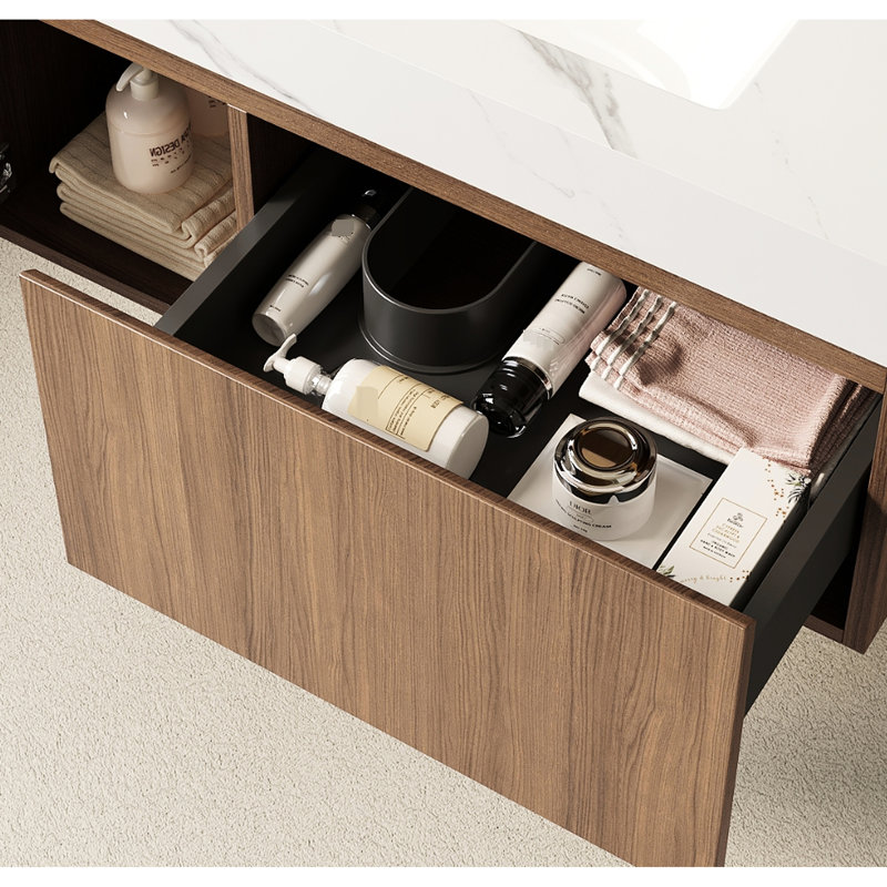 Armoire de 36 po en chêne brun faite de contreplaqué, de portes et de tiroirs doubles, sans couvercle, couvercle, robinet ou évier, clapet à fermeture en douceur et haute performance