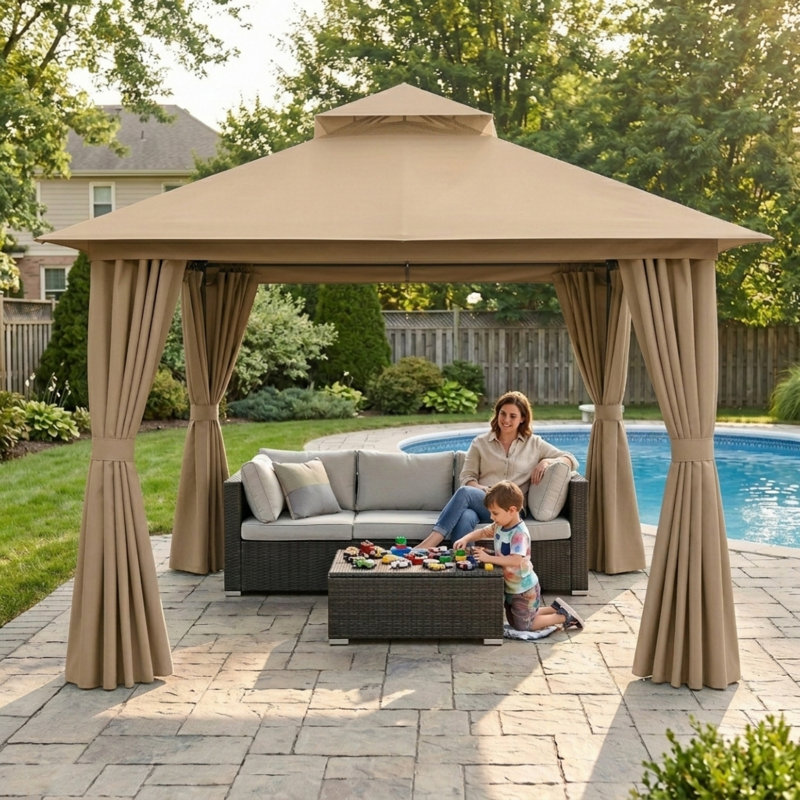 Gazebo de terrasse Yardgrace 3 m x 3 m avec toit souple, auvent à 2 niveaux, moustiquaire et rideaux d'intimité, marron, Brun