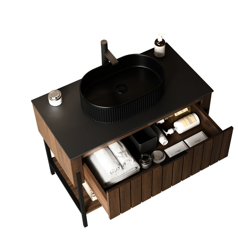 Meuble-lavabo de salle de bain avec lavabo, lavabo en céramique à haute dureté, comptoir fritté, armoire en noyer foncé