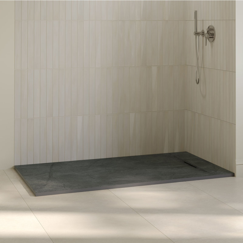 Receveur de douche rectangulaire extra-plat OVE Lenora 152,4 cm x 91,4 cm avec bonde latérale dissimulée en calcaire cimenté