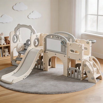 Ensemble de jeu pour tout-petits 12 en 1 avec glissoire, balançoire, cerceau d'escalade et de basketball, aire de jeu extérieure pour les enfants de 1 à 3 ans - centre d'activités durable avec rangement pliable, blanc gris