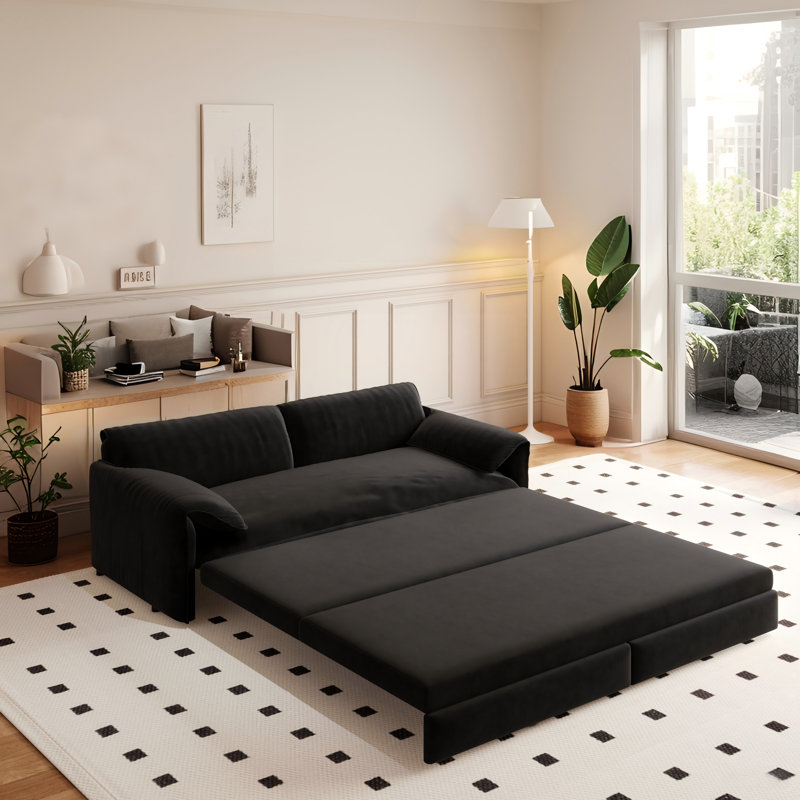 Pull Out Sofa Bed, 3-in-1 Convertible Sleeper Sofa with Side Storage, Black