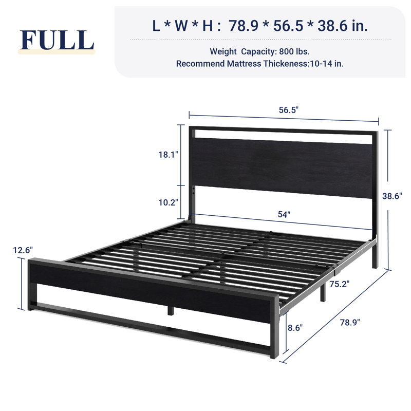 Lit plateforme robuste avec tête de lit en bois, Noir, Double
