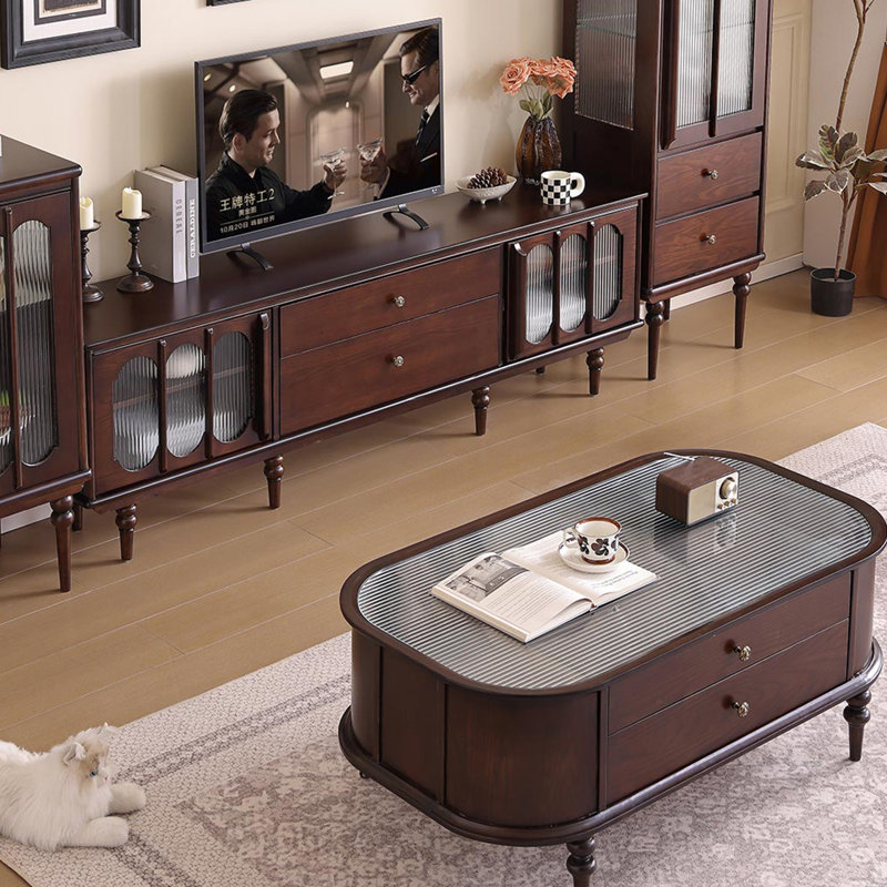 Table basse en bois de chêne rétro avec verre trempé