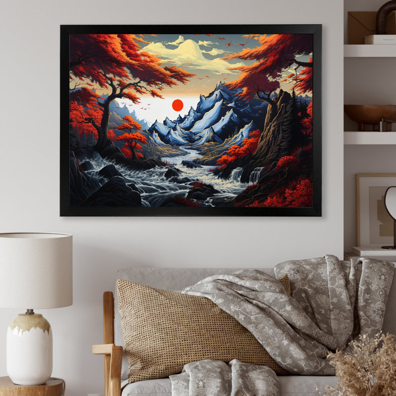Charmant paysage asiatique sur toile, H 34 po x l 44 po x P 1,5 po, Cadre simple noir