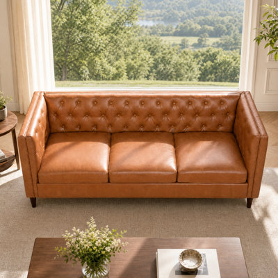 81" Modern Leather Couch for Living Room, Mid Century Leather Sofa with Deep Seat, Handmade Button Tufted Sofa, Chesterfield 3 Seat Couch for Apartment, Office