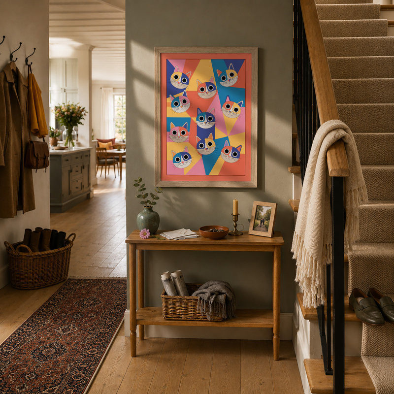 Playful Cats & Geometry Geometric - Print, A3 - 42.0 x 29.7 cm, Oak