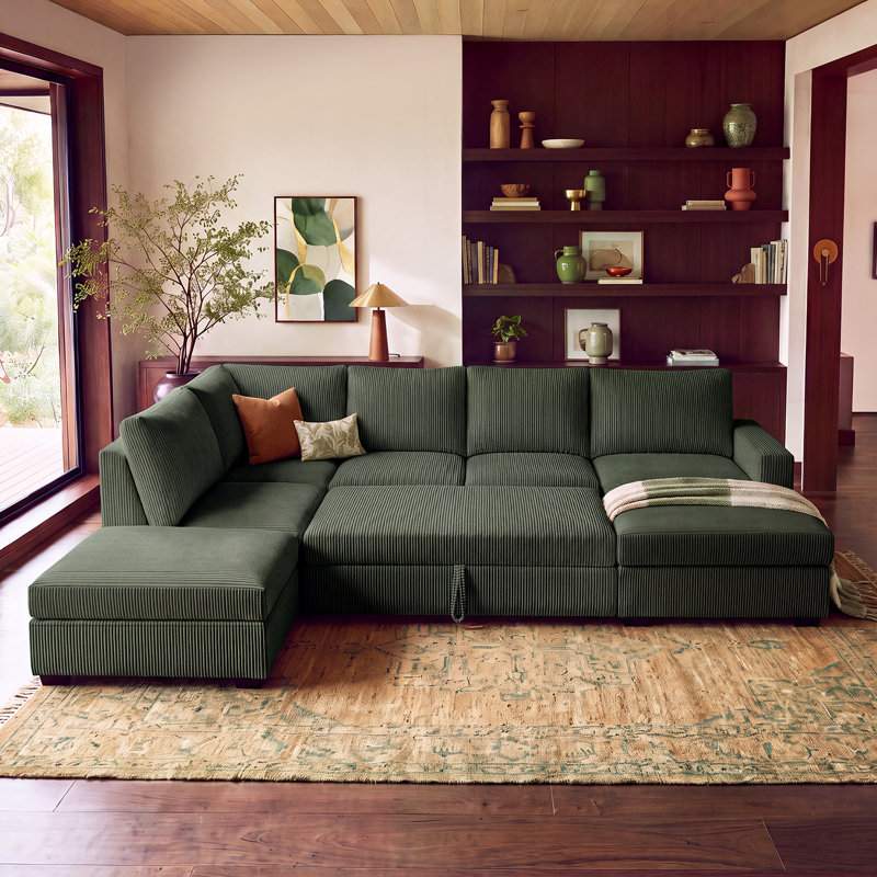Brunella 111.4'' W Corduroy Modular Sleeper Sectional with Storage, Green Corduroy