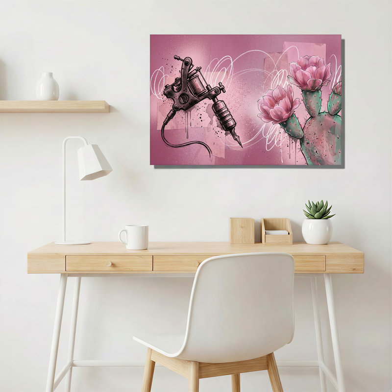 Art mural sur toile "Machine à tatouer noire" et fleur de cactus rose, H 32 po x l 48 po