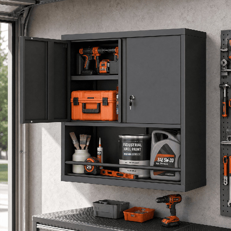 Steel Kitchen Pantry Cabinet With Lock And Open Shelf - 120LB Capacity Adjustable Metal Storage Cabinet,Wall-Mounted Organizer