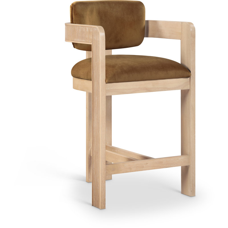 Tabouret rembourré Sacha Howley, Velours, Naturel, Selle de cuir