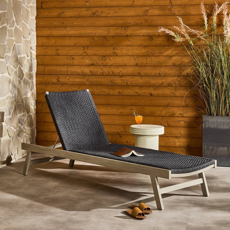 Neecy Outdoor Teak Wood Chaise Lounge, Weathered Gray/Black