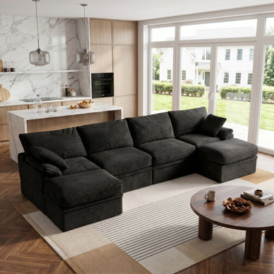 142"W Cloud Modular Sectional Sofa, 6-Piece U Shaped Corner Couch with Hidden Storage and 2 Ottomans, Modern Minimalist Corduroy Upholstered Boneless Sofa for Living Room, Extra Deep Seat, Easy Assembly Required