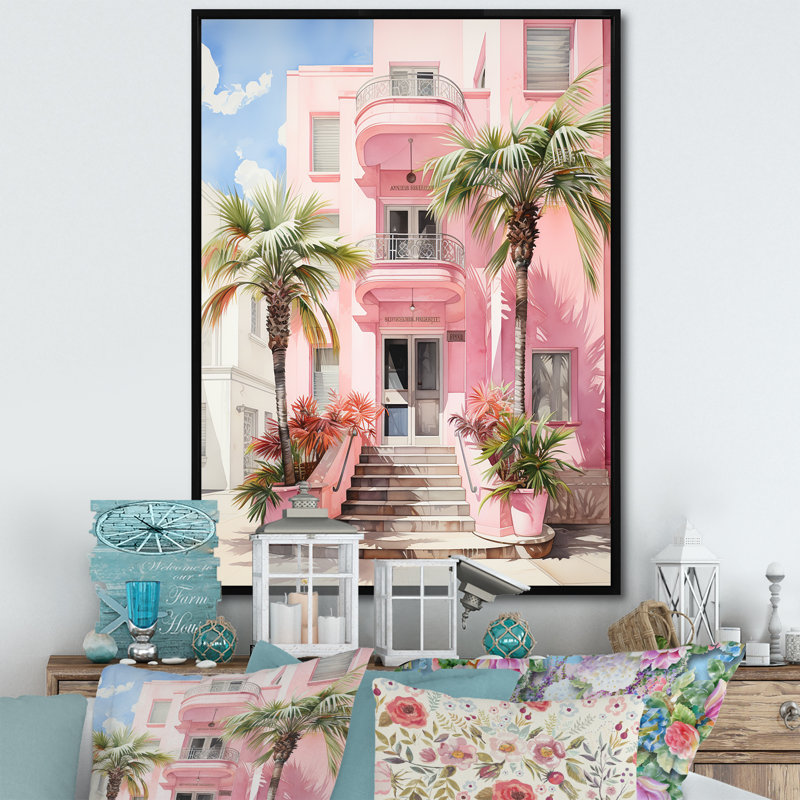 Zappha Pink Miami Artful Facades II - Miami, art mural, H 20 po x l 12 po x P 1 po, Cadre flottant noir