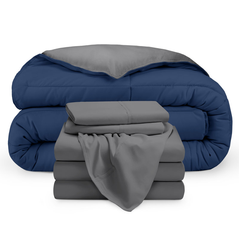 Microfiber Reversible Bed-In-A-Bag, Dark Blue/Grey, Grey, Split King Comforter + 2 Pillowcases