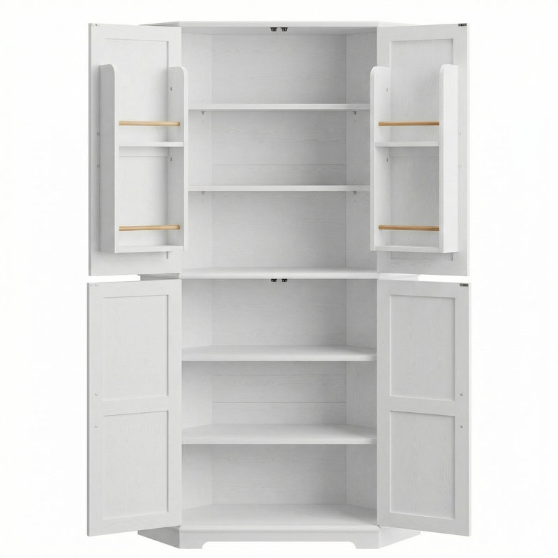 Armoire de cuisine 72 "avec conception hexaédrique, armoire d'angle avec rangement à 6 niveaux, 4 portes avec ouverture à 240 °, 2 tablettes réglables, blanc