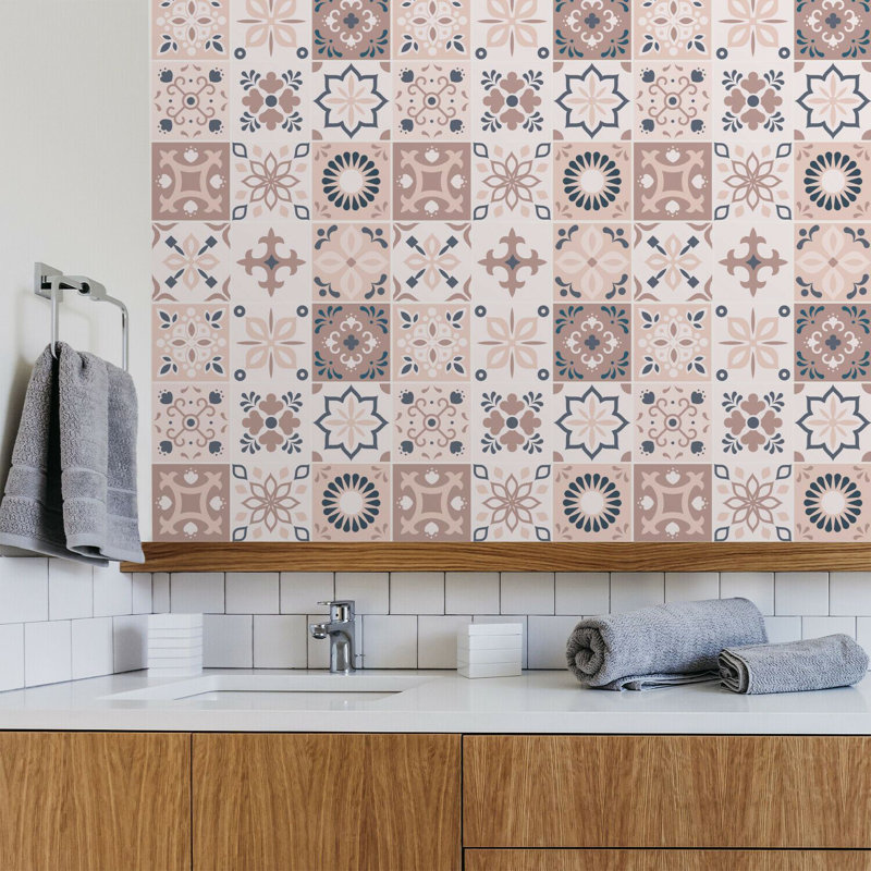Marjorelle Black and White Moroccan Wall Tile Sticker Set 15cm x 15cm PVC , Pink/Grey