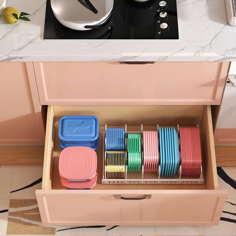 Organisateur de couvercle de récipient à nourriture blanc amélioré et porte-couvercle réglable en métal avec 6 diviseurs pour armoires, armoires, placards, garde-manger, tiroirs pour garder la cuisine bien rangée