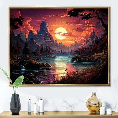 «Turquoise Water and Orange Sunset In Mountains - Abstract Landscape, reproduction d'art sur toile_105693