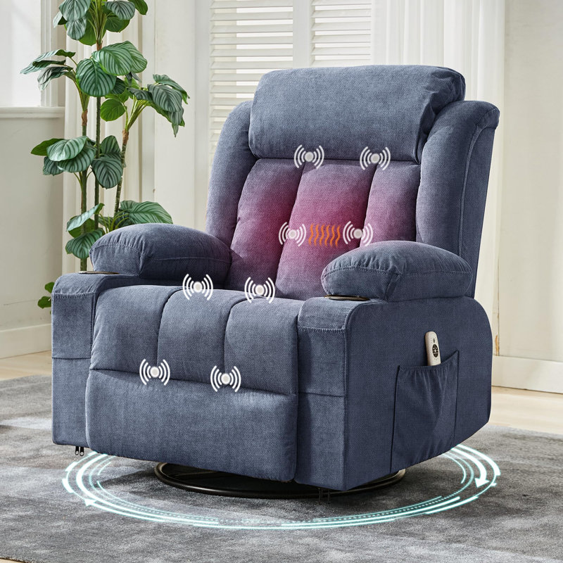 37.4" Oversized Manual Recliner with Heat and Massage, Swivel Rocker Chair with  USB Ports Cup Holders,, Blue