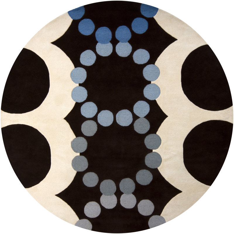 Osteen Authentic Hand-Crafted Hand-Tufted Wool Brown, Blue & Cream Mid-Century Modern Geometric Circles Area Rug, Round 7'9"