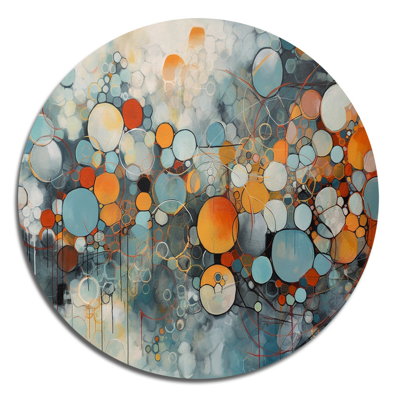 Illusions géométriques orange et bleues - Art mural rond abstrait géométrique sur métal, H 23 po x l 23 po x P 1 po