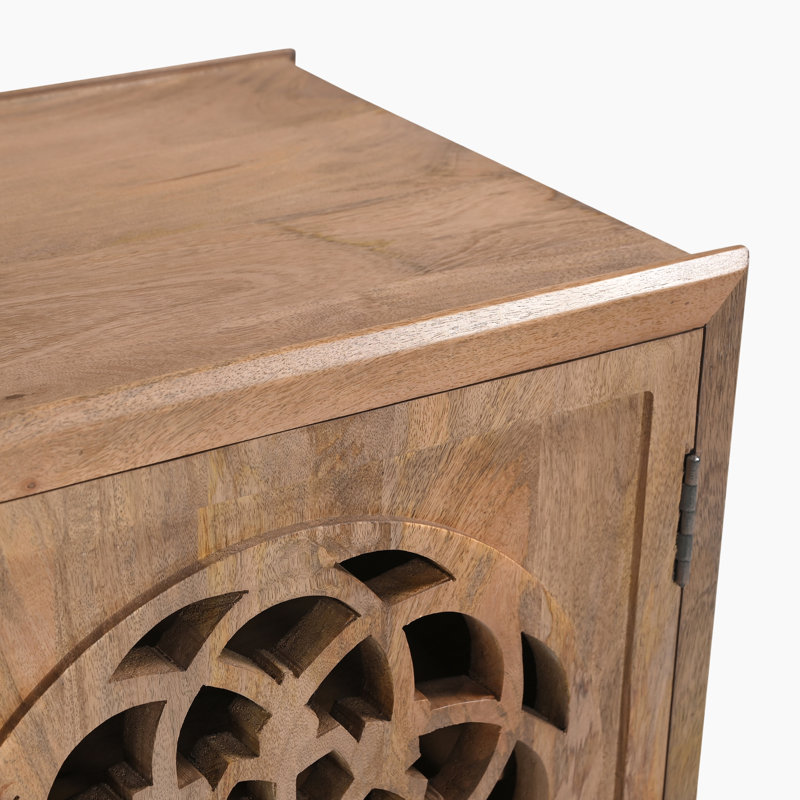 Mango Wooden 2 Shelved Double-Doored Cabinet Bedside Table/Side Table - Decorative Floral Lattice Design