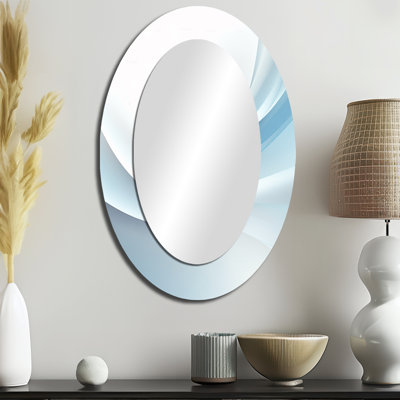 Blue And White Abstract Fractal Fusion III - Abstract Oval Decorative Mirror On Metal
