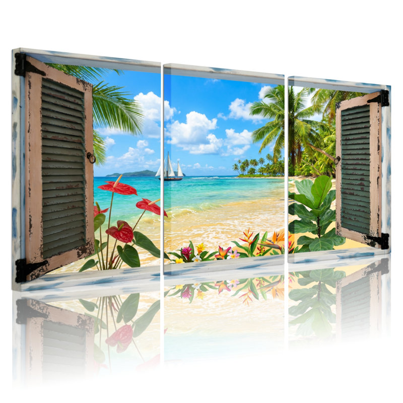 Paysage et nature Scène de plage tropicale avec palmiers et voilier, H 24 po x l 48 po
