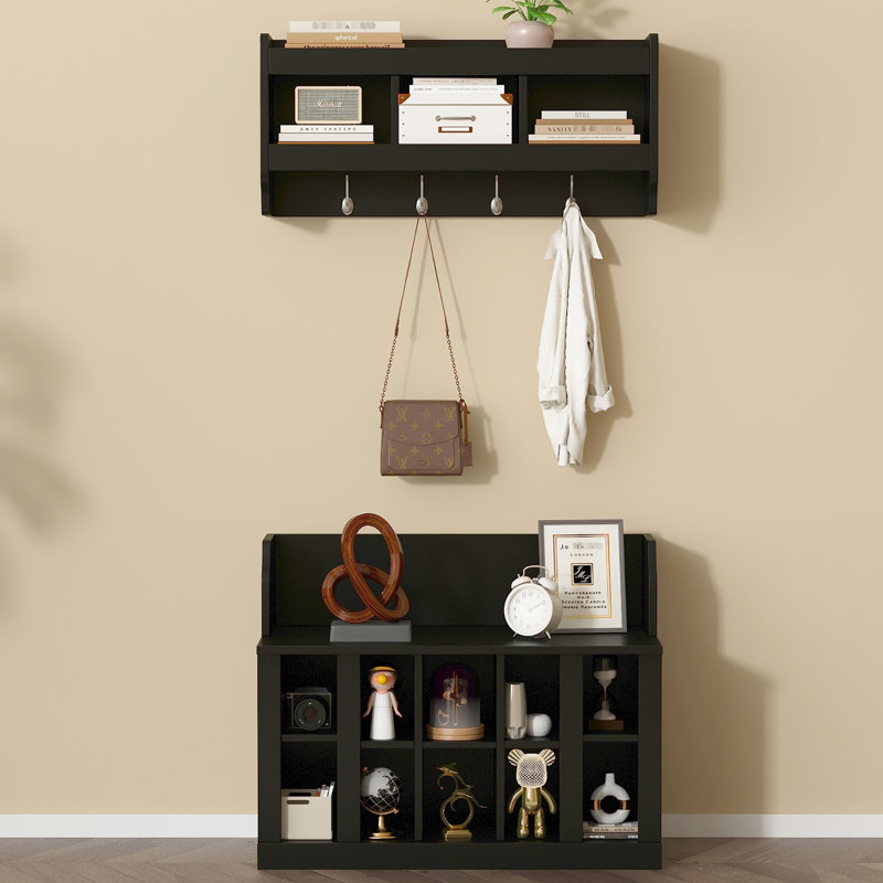 Portemanteau moderne avec banc à chaussures et armoire murale, noir, support de 176 lb, support de rangement pour crochet de 6,6 lb, capacité, personnalisable