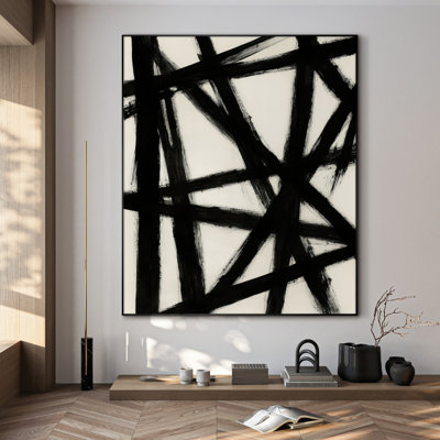 Extra Large Wall Art Fabric Print - Black & White Abstract Art Bold Pattern Contemporary Artwork Decor for Living Room or Bedroom - "Frame Assembly Required (Unfinished Frame)"