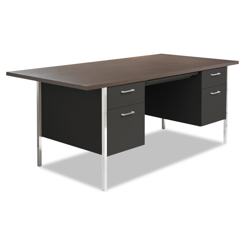 Walnut and Black Executive Desk with Filing Cabinets and Drawers