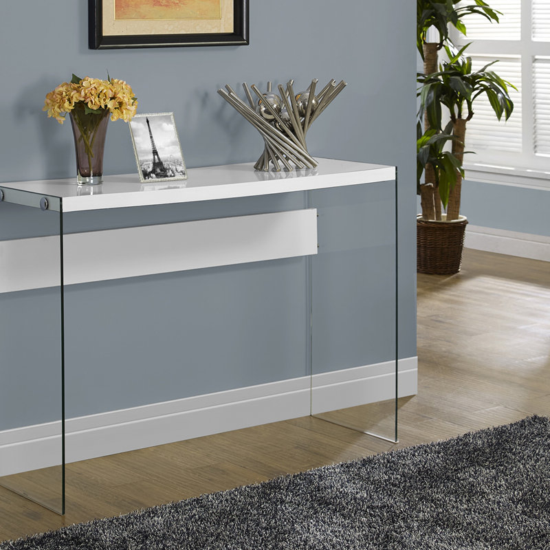 Table d'appoint, console, vestibule, étroit, canapé, stratifié blanc brillant, verre trempé transparent
