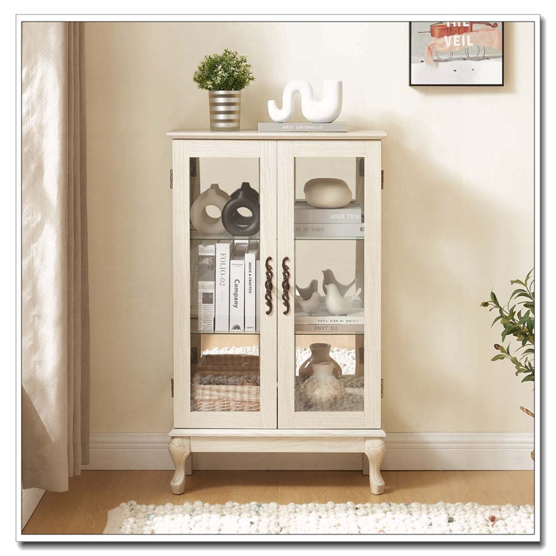 Vitrine avec portes en verre trempé, dossier en miroir et tablettes réglables, Blanc