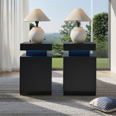 Table de chevet, ensemble de 2, table de chevet en bois avec lumières DEL, table de chevet moderne avec armoire de rangement pour la chambre à coucher