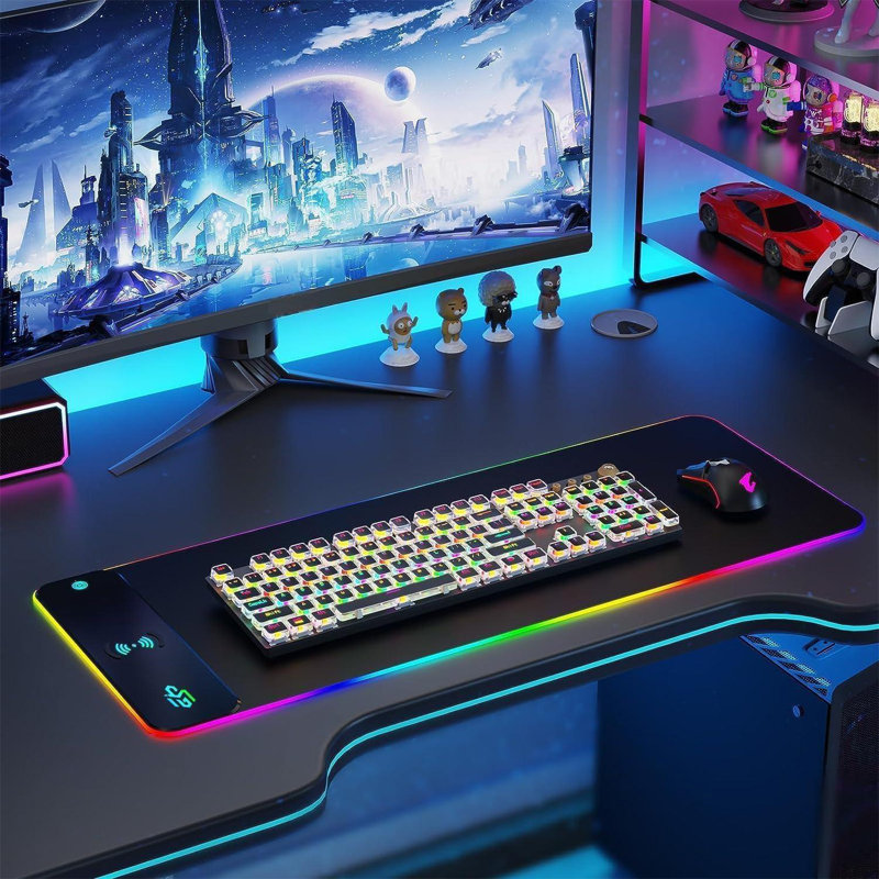 Wireless Charging RGB Gaming Mouse Pad 15W, LED Mouse Mat 800X300x4mm, 10 Light Modes Extra Large Mousepad Non-Slip Rubber Base Computer Keyboard Mat For Gaming, Macbook, PC, Laptop, Desk