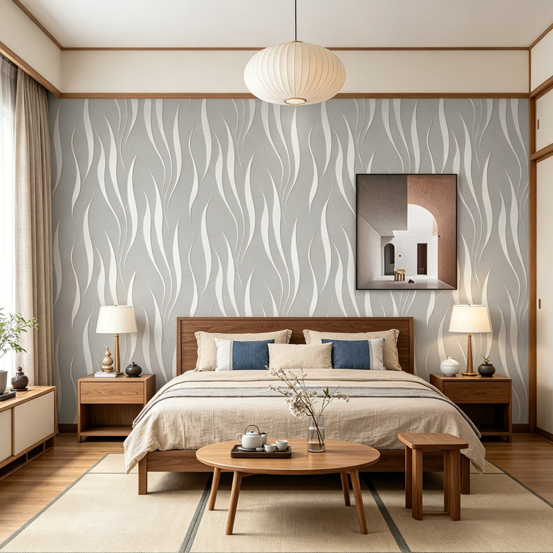 3D Embossed Non-Woven Wallpaper - Modern Taupe Wave Stripes with Glitter
