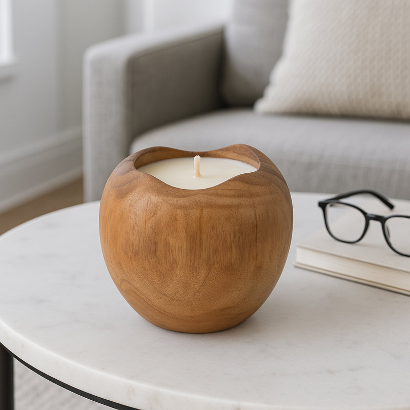 Bougie ronde en bois de teck naturel 8 po - Ambiance intérieure chaleureuse