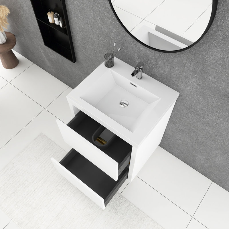 24 po Meuble-lavabo autoportant en chêne naturel avec lavabo, Blanc