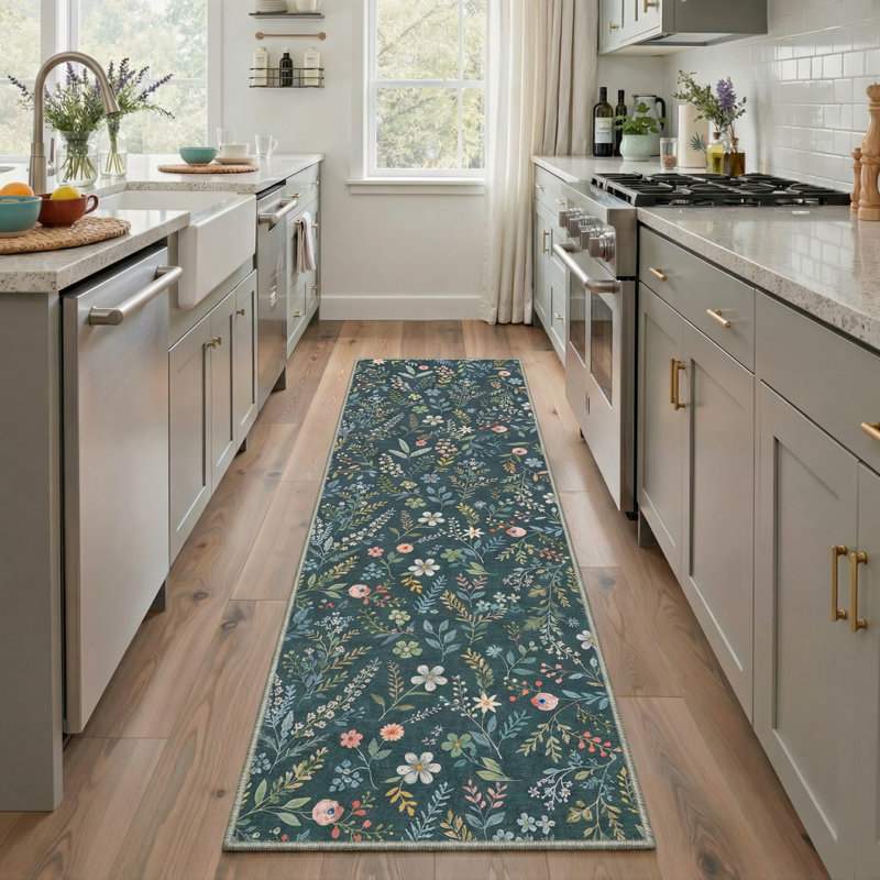 Cogswell BloomScape Floral Machine Washable Blue / Green Indoor Area Rug with Non-Slip Backing, Runner 2' x 6'