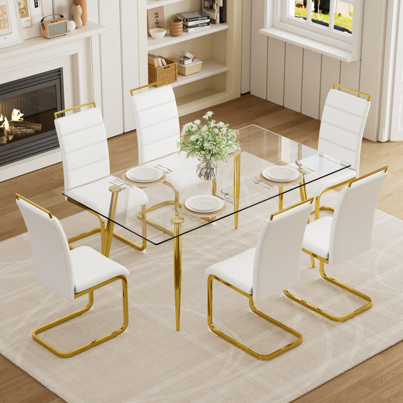 Ensemble de table de salle à manger rectangulaire en verre transparent avec chaises en polyuréthane 4/6, pieds en métal pour la salle à manger et la cuisine