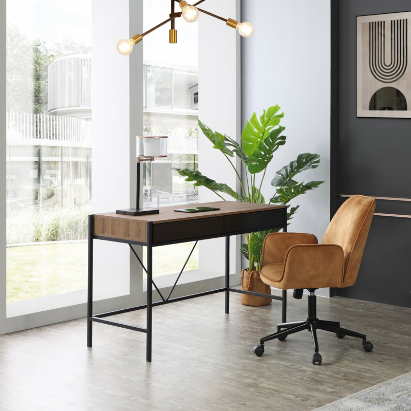 Bureau avec 2 tiroirs de rangement, Noyer / noir