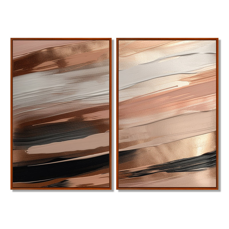 Or rose et formes roses en contemporain II - décoration murale abstraite, 36" H x 48" W, Impression encadrée flottante, Brown