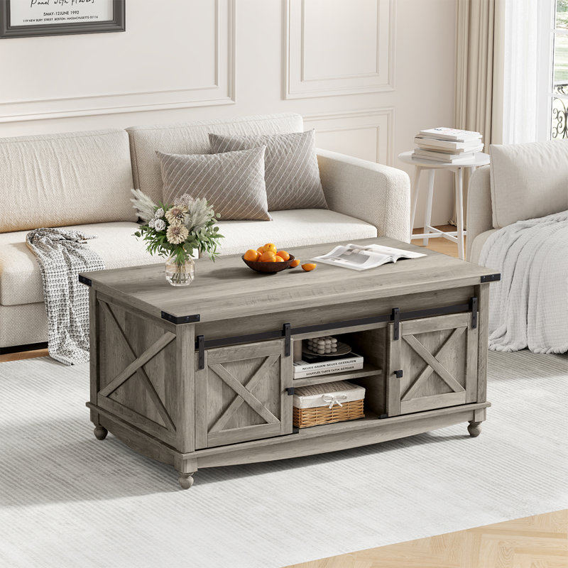 Givens Farmhouse Lift Top Coffee Table With Storage Sliding Barn Door, Gray Oak