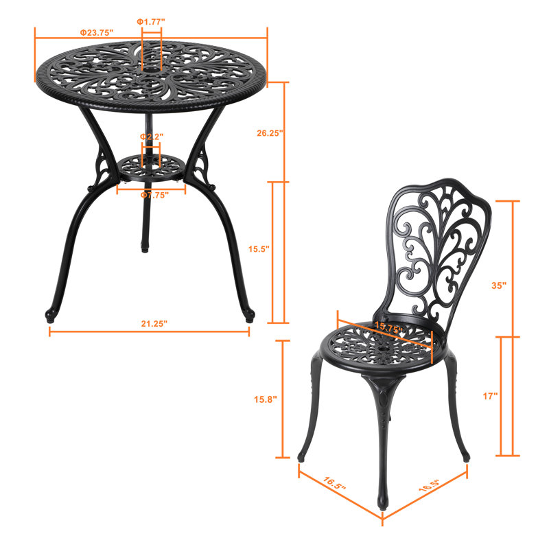 Hopwood Outdoor 3-Piece Cast Aluminum Patio Set with 1.77" Umbrella Hole