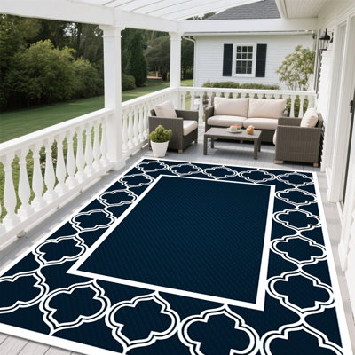 Tapis d'extérieur, tapis de paille en plastique pliable et réversible bleu et blanc pour camping-car, terrasse, porche, pique-nique, plage, balcon