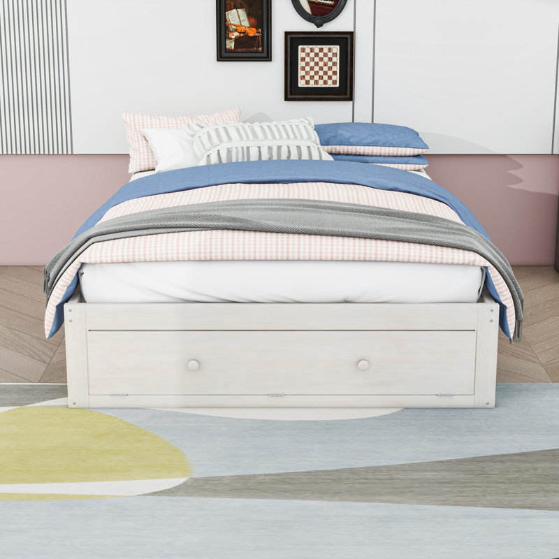 Queen Wood Platform Bed with 4 Drawers, Antique White