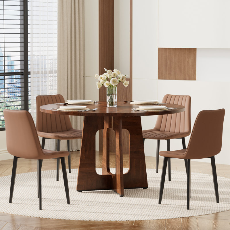 Table de salle à manger 47,24 po à base ronde en bois pour 4 à 6 personnes - Table de salle à manger avec chaises en cuir PU